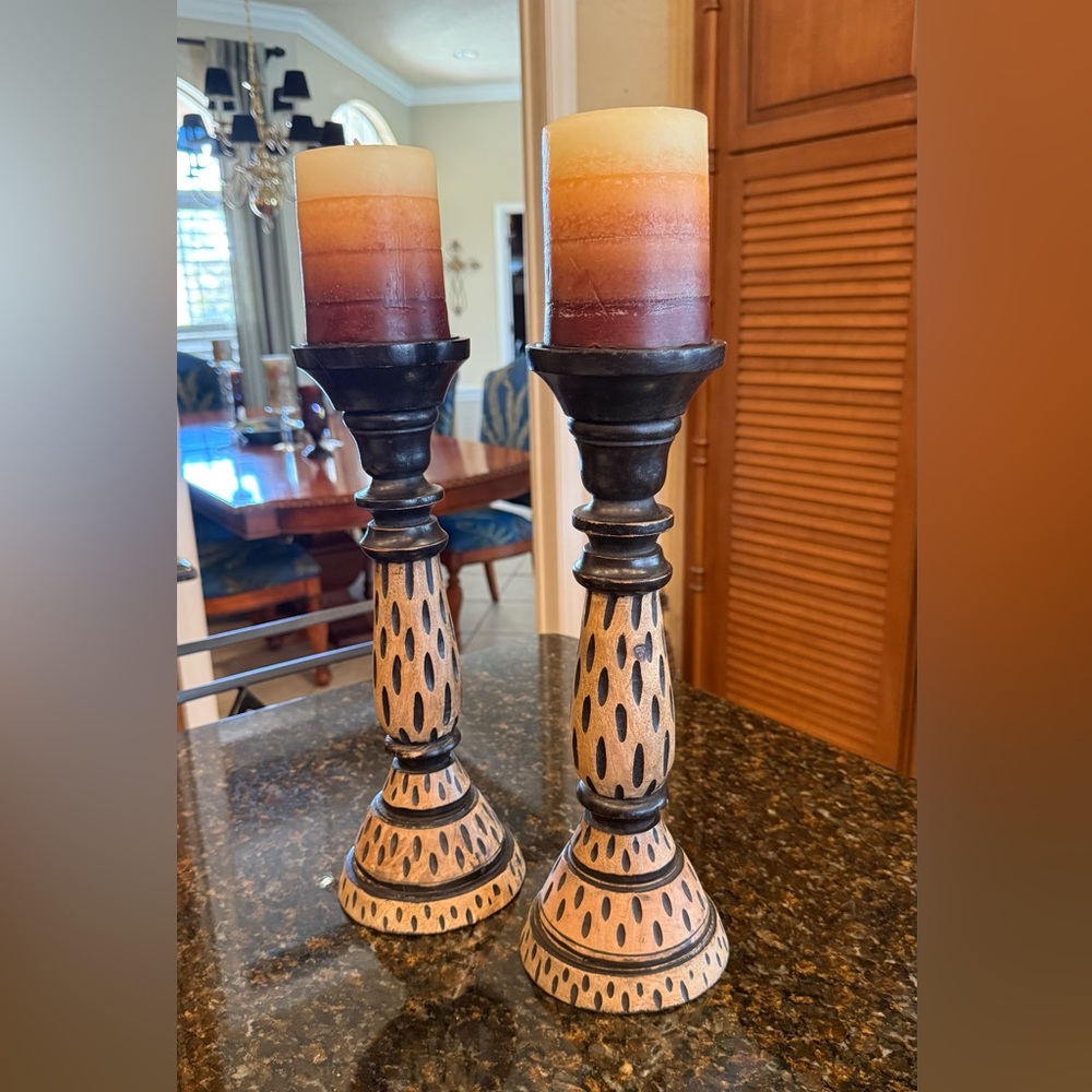 Vintage Artisan Black and Tan Wooden Pillar Candle Holders - Set of 2